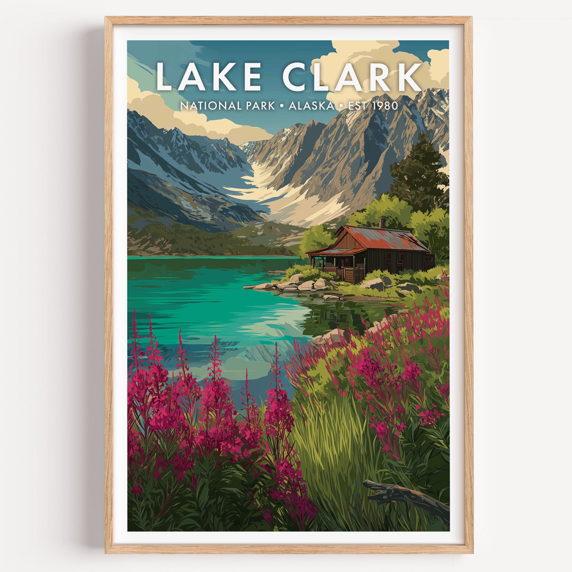 Lake Clark National Park mid-century modern art print — a cabin on the shore of a turquoise glacial lake with magenta fireweed