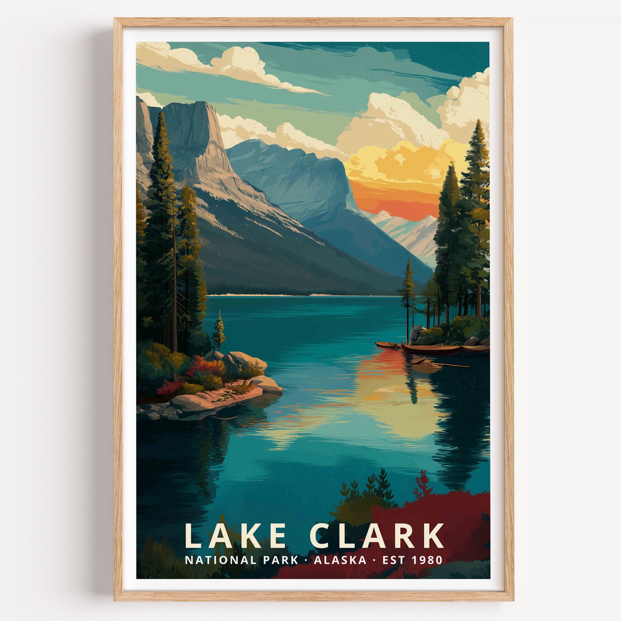 Lake Clark National Park retro travel poster — a turquoise lake below rugged peaks with spruce along the shore, Alaska
