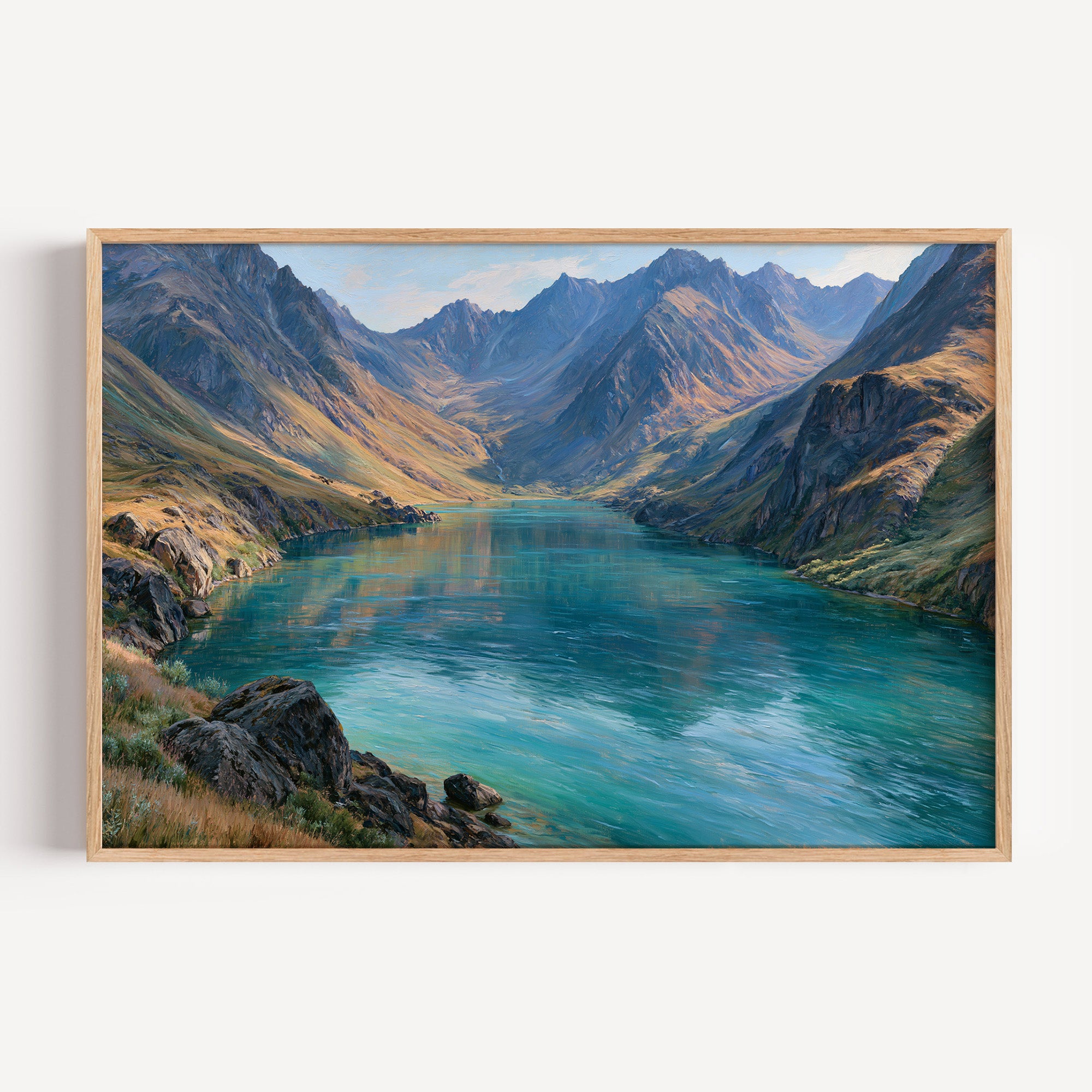 Lake Clark classical oil painting print in an oak frame: a turquoise lake between mountain slopes