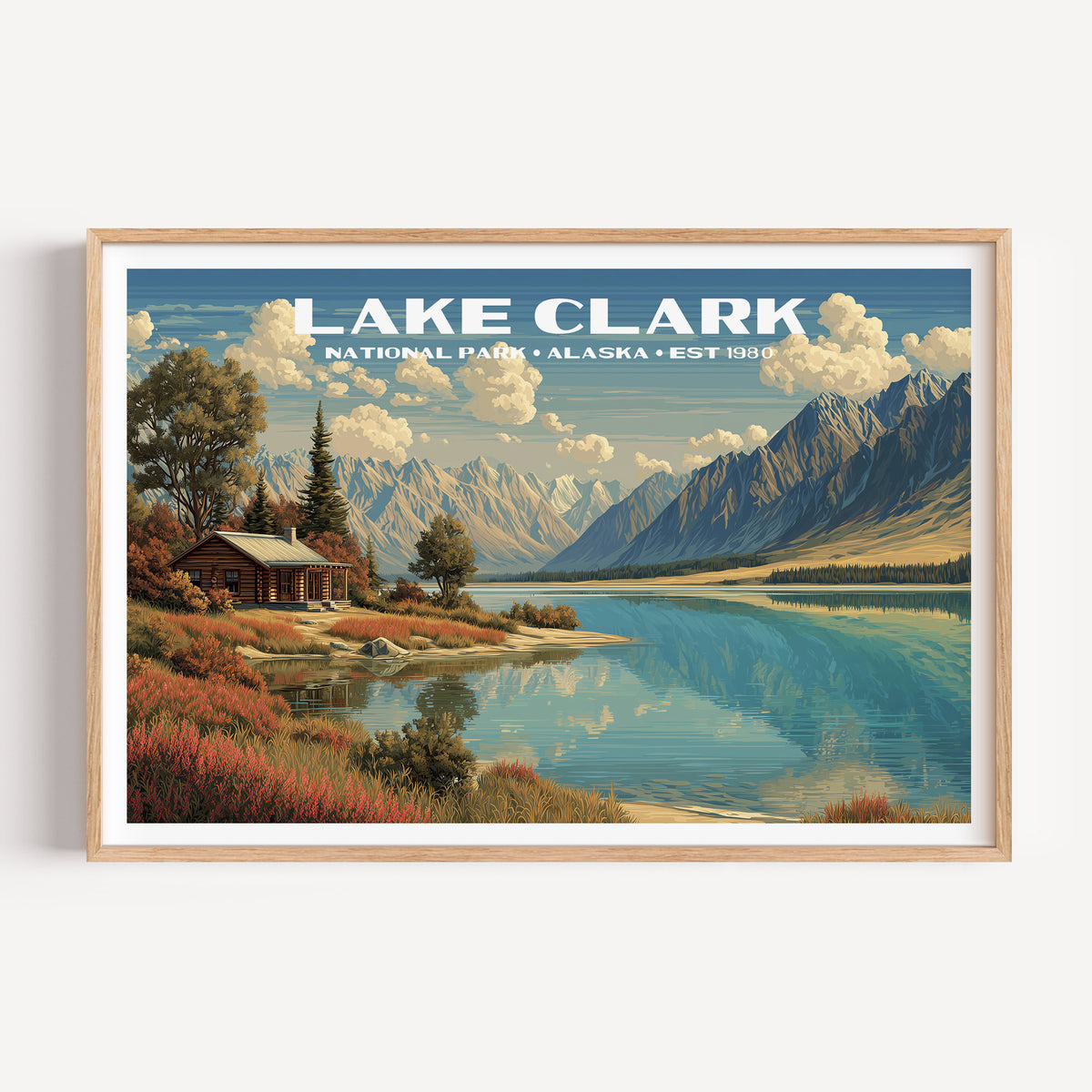 A log cabin on the shore of a turquoise lake below the Chigmit Mountains — Lake Clark National Park vintage WPA travel poster print