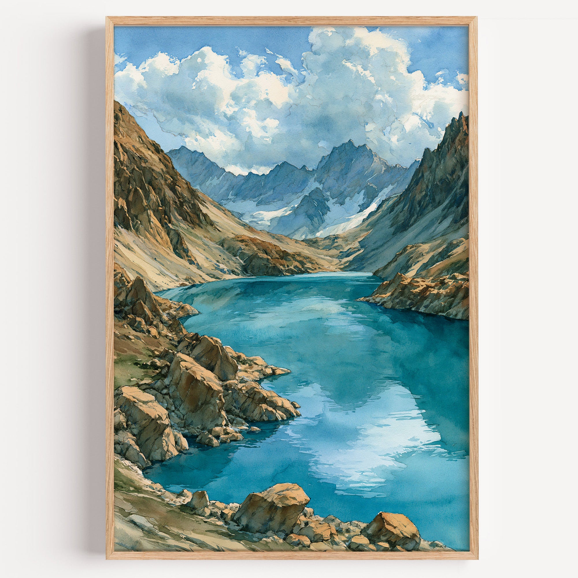 Lake Clark National Park watercolor art print: turquoise glacial lake below jagged snow-streaked peaks
