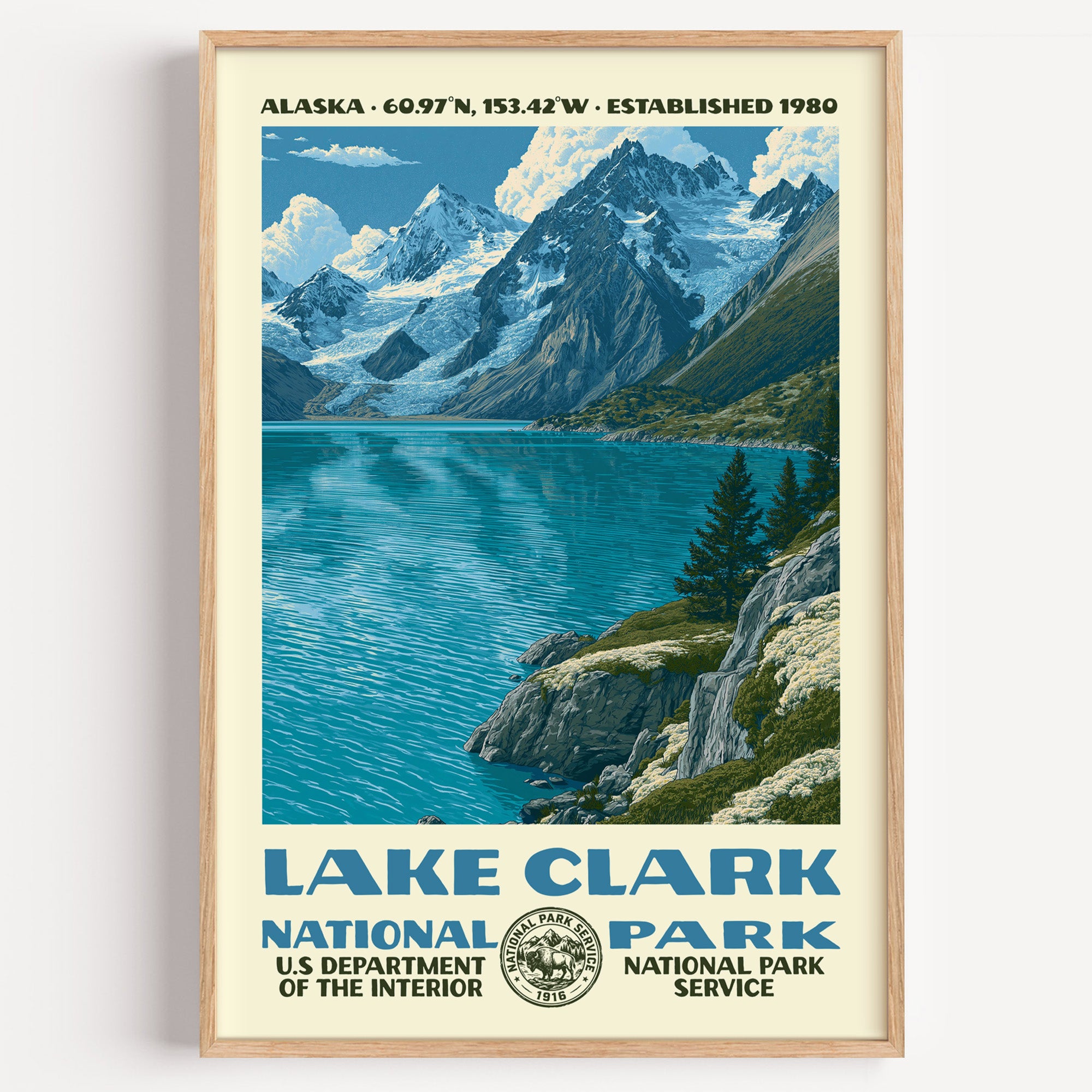 Lake Clark National Park vintage WPA poster in a wood frame, turquoise glacial water below snow-covered volcanic peaks