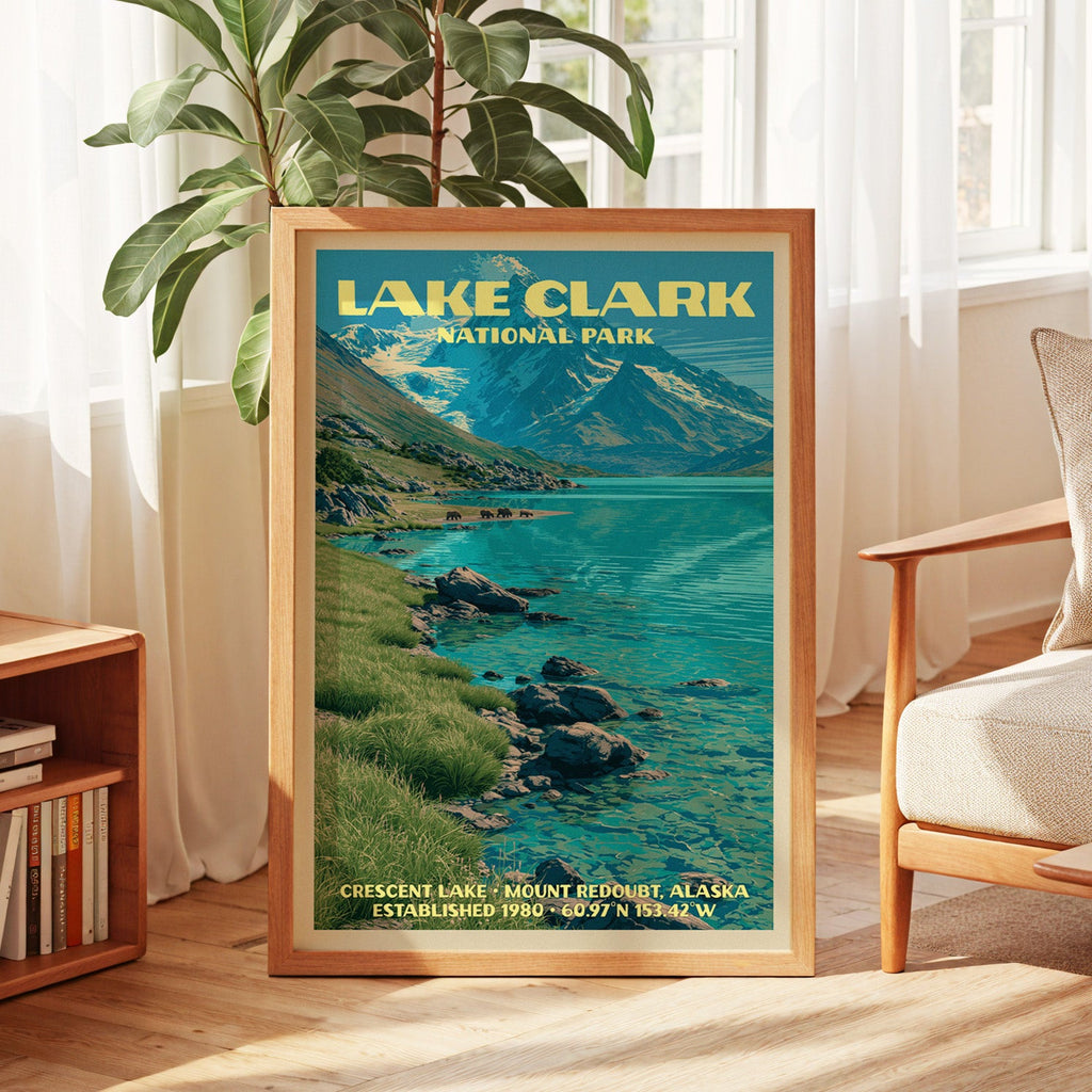 Lake Clark vintage poster in oak, leaning by a sunlit window with sheer curtains and a low bookshelf