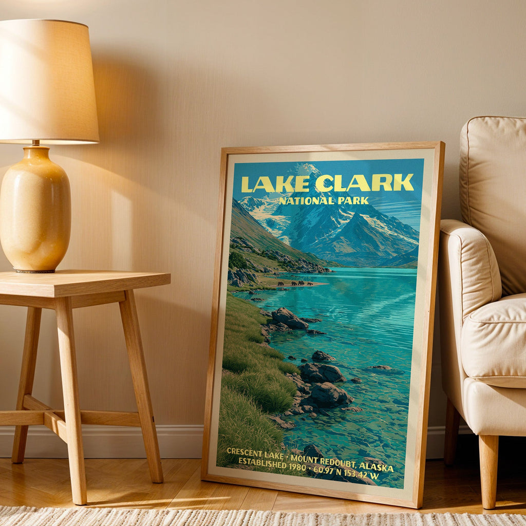 Crescent Lake Lake Clark wall art in oak, leaning by an armchair and a side table with an ochre lamp