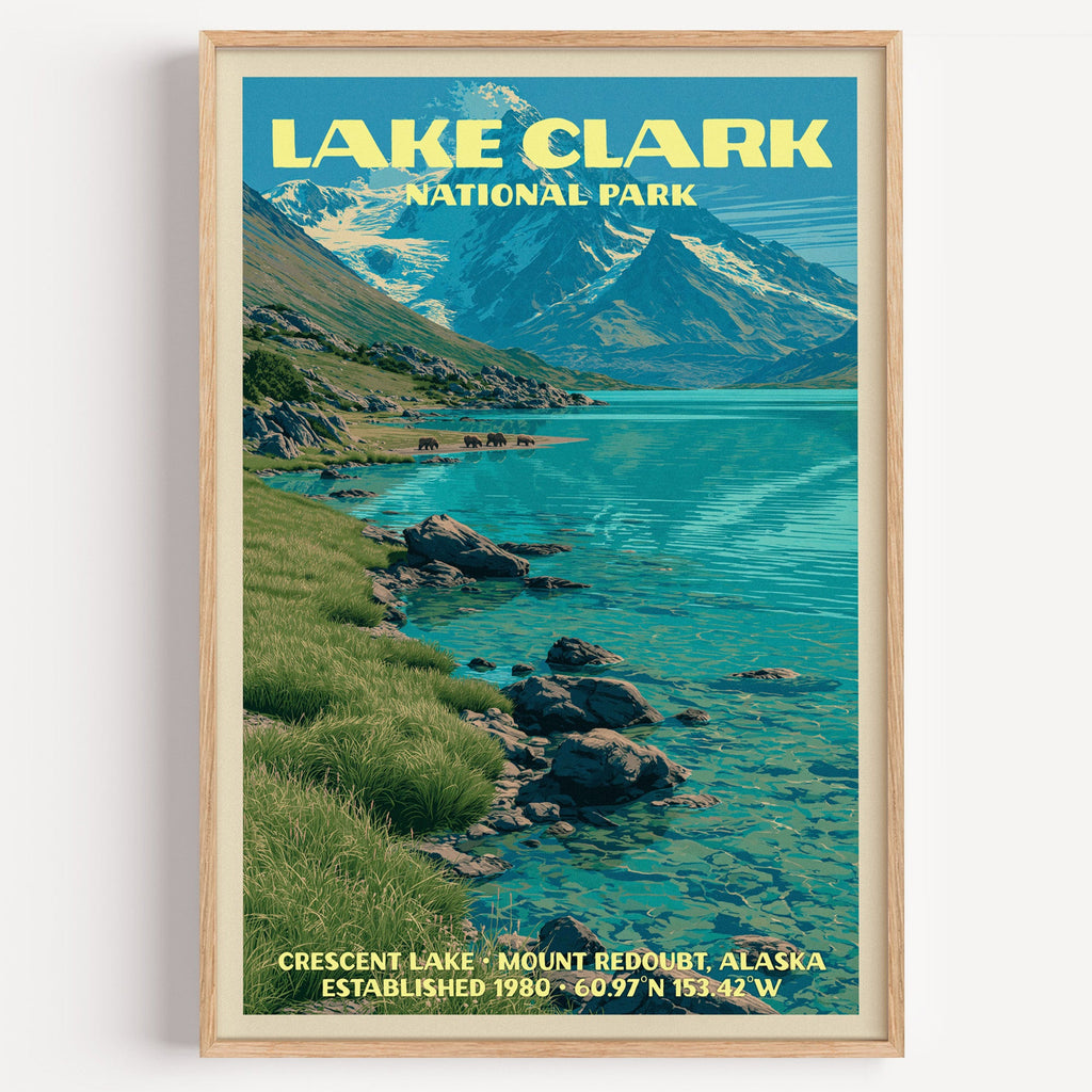Crescent Lake Lake Clark National Park vintage poster in a light oak frame on a plain white wall