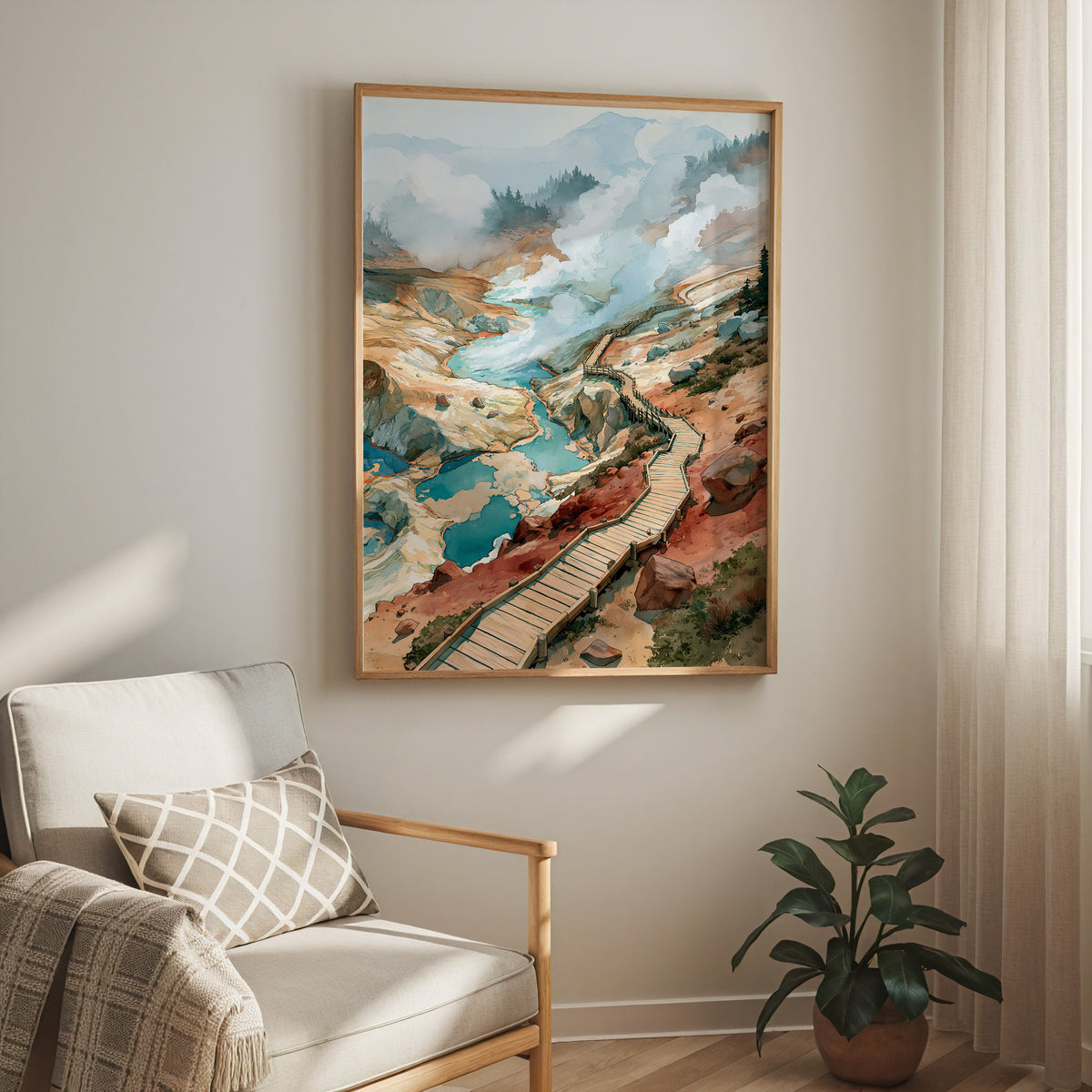 Oak-framed Lassen Volcanic National Park watercolor print hung above a cream armchair in a bright living room
