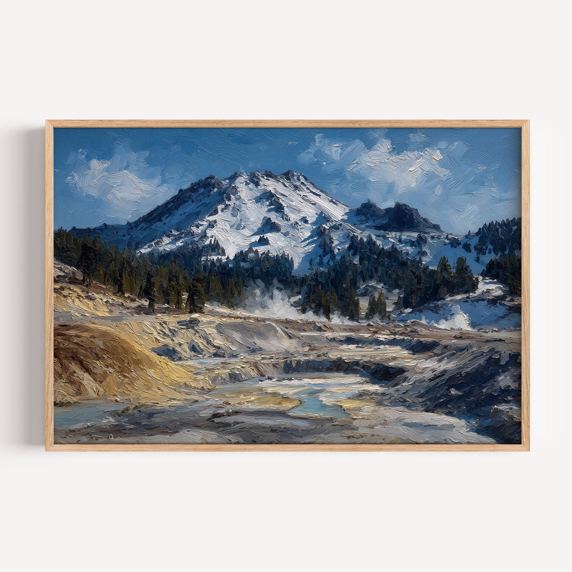 Lassen Volcanic National Park oil painting print in an oak frame: snowy Lassen Peak above hot ground