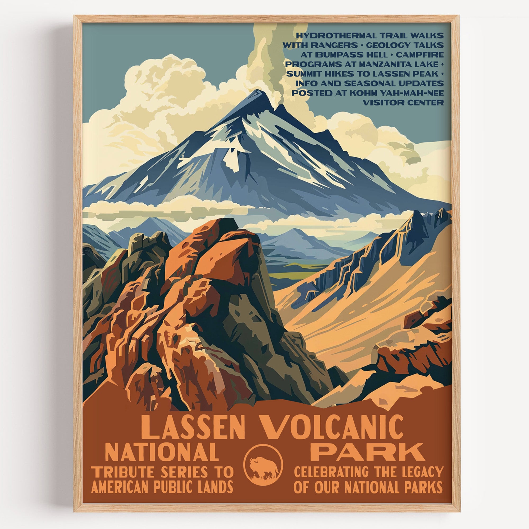 Lassen Volcanic National Park wall art print in a thin wood frame, Lassen Peak rising behind a red volcanic ridge