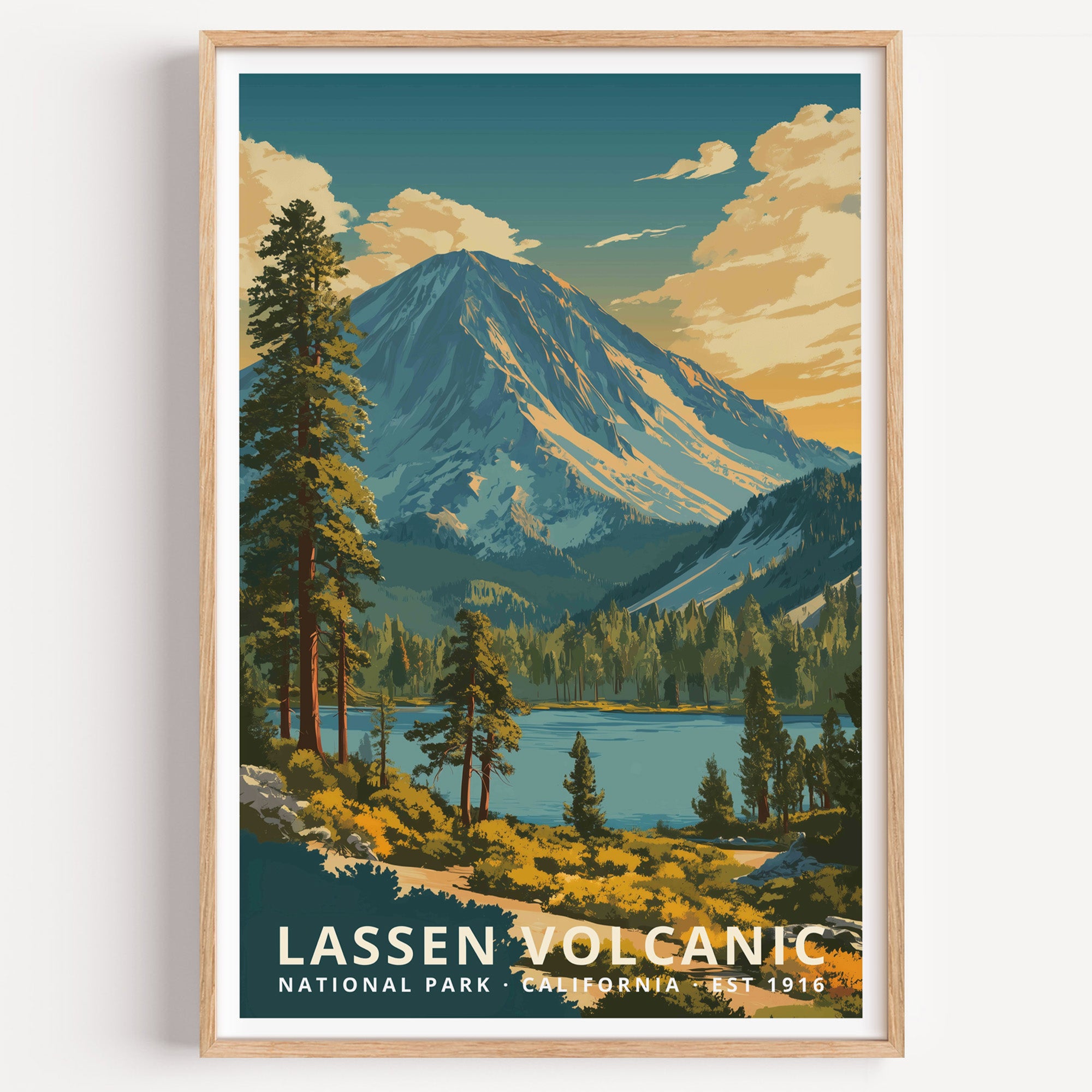 Lassen Volcanic National Park retro travel poster — the volcanic peak of Lassen above a still lake and pine forest, California