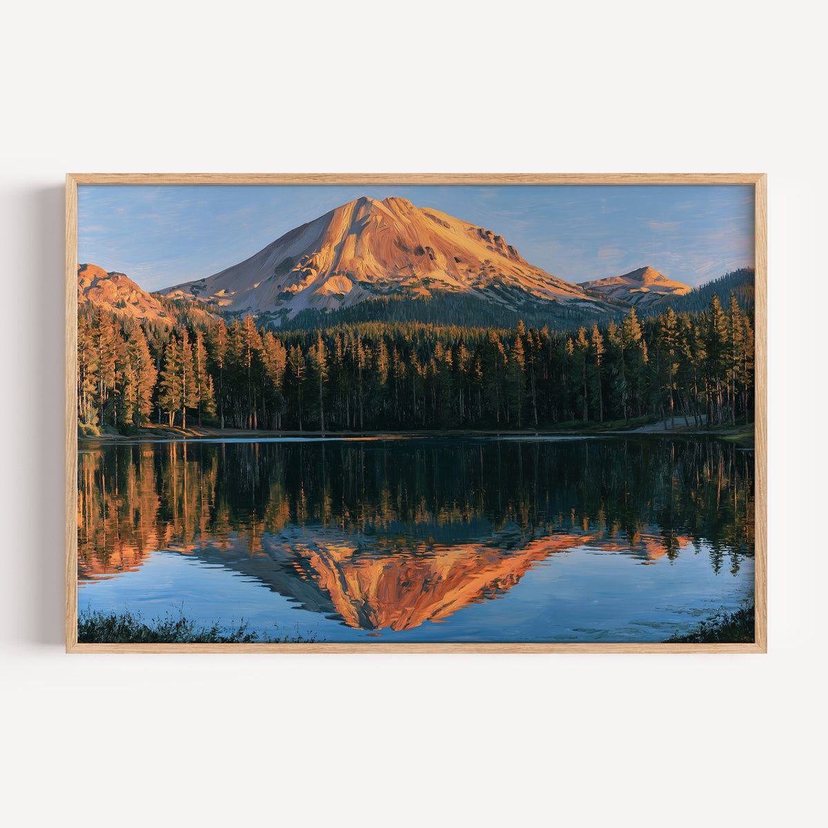 Lassen Volcanic classical oil painting print in an oak frame: Lassen Peak mirrored in a lake