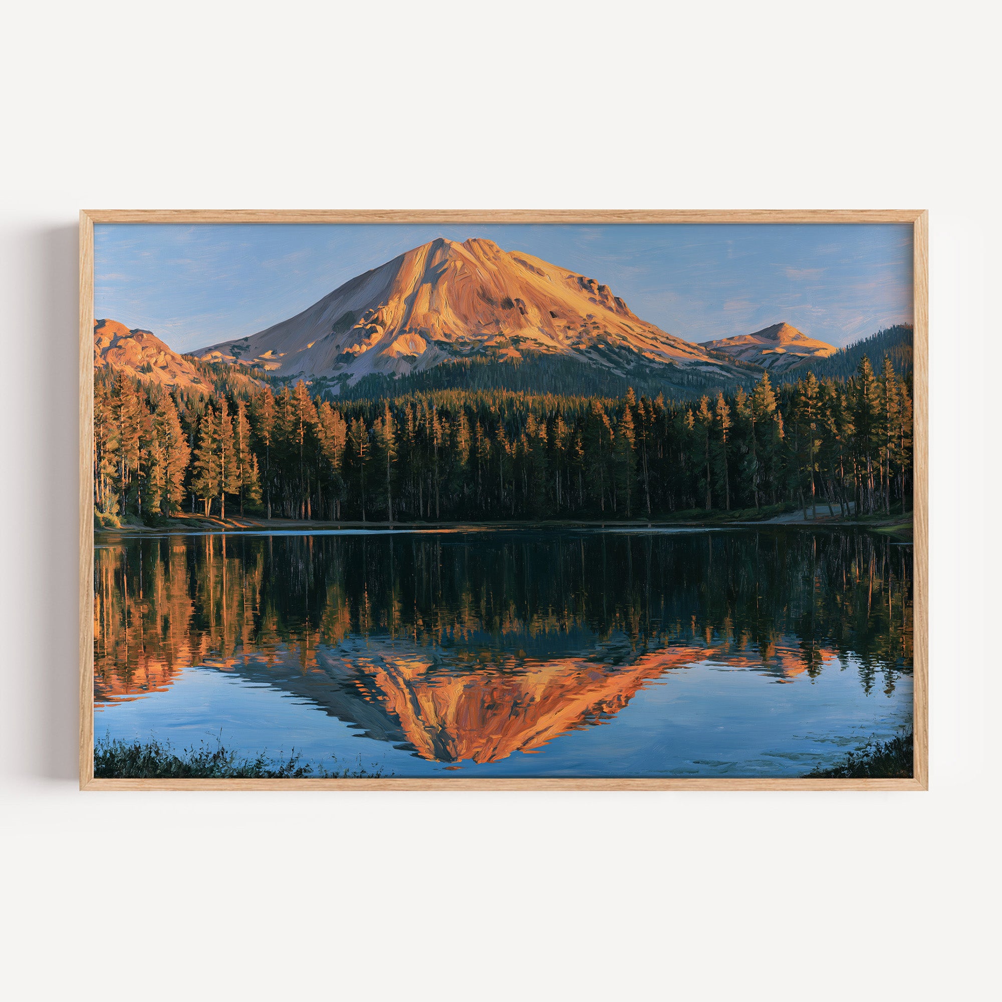 Lassen Volcanic classical oil painting print in an oak frame: Lassen Peak mirrored in a lake