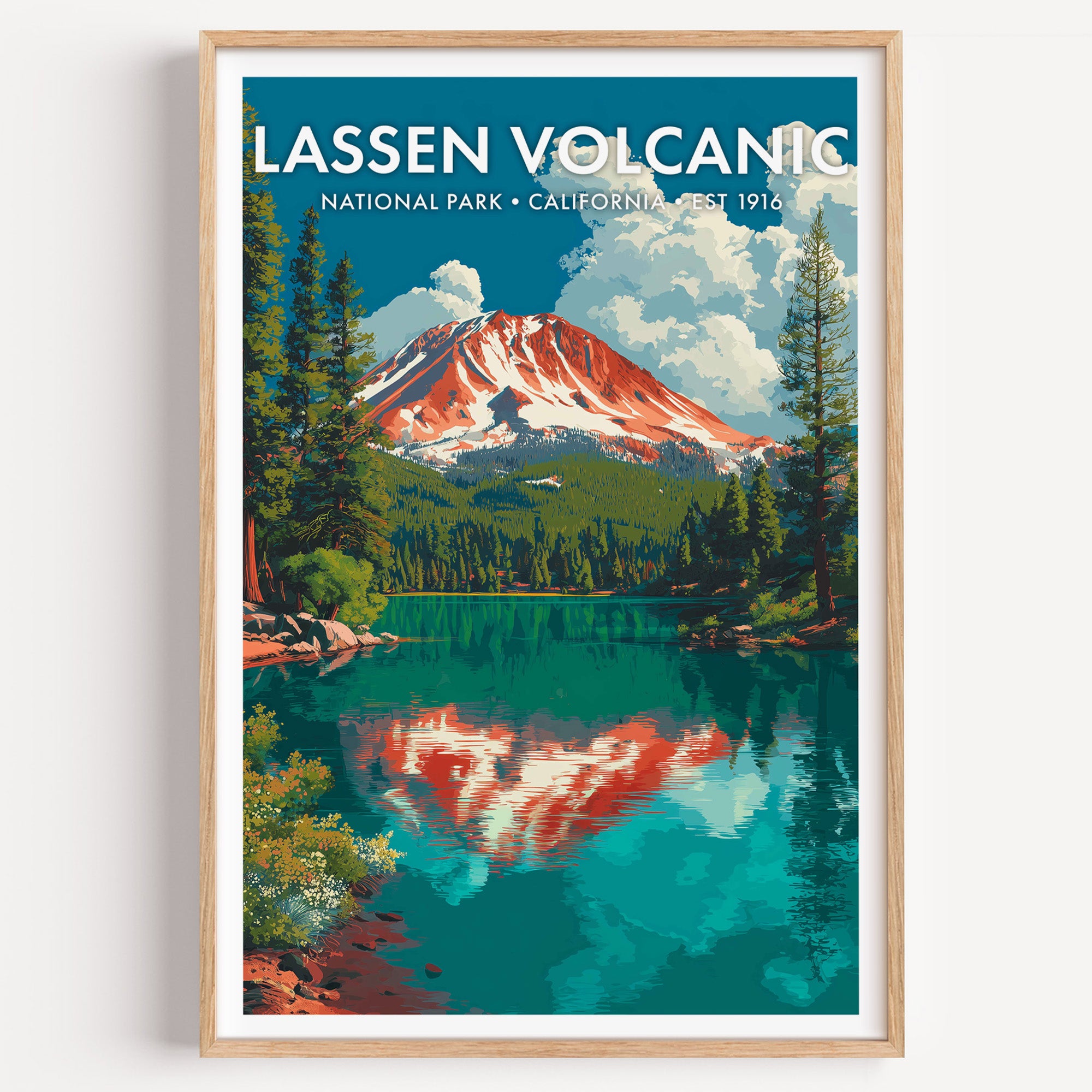 Lassen Volcanic National Park mid-century modern art print — Lassen Peak streaked with snow mirrored in Manzanita Lake