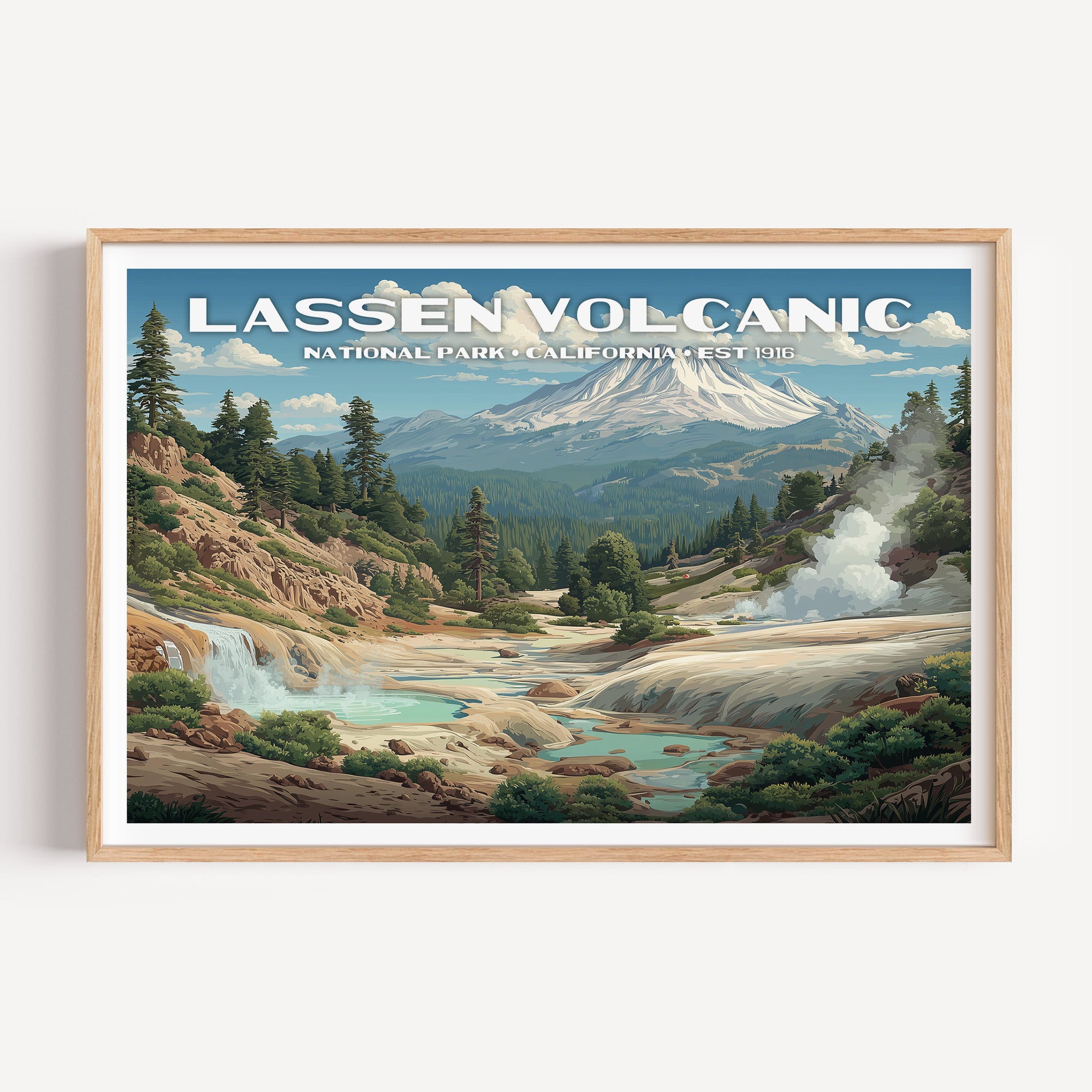 Steaming fumaroles and pale blue hot pools below the snow-covered Lassen Peak — Lassen Volcanic National Park vintage WPA travel poster print