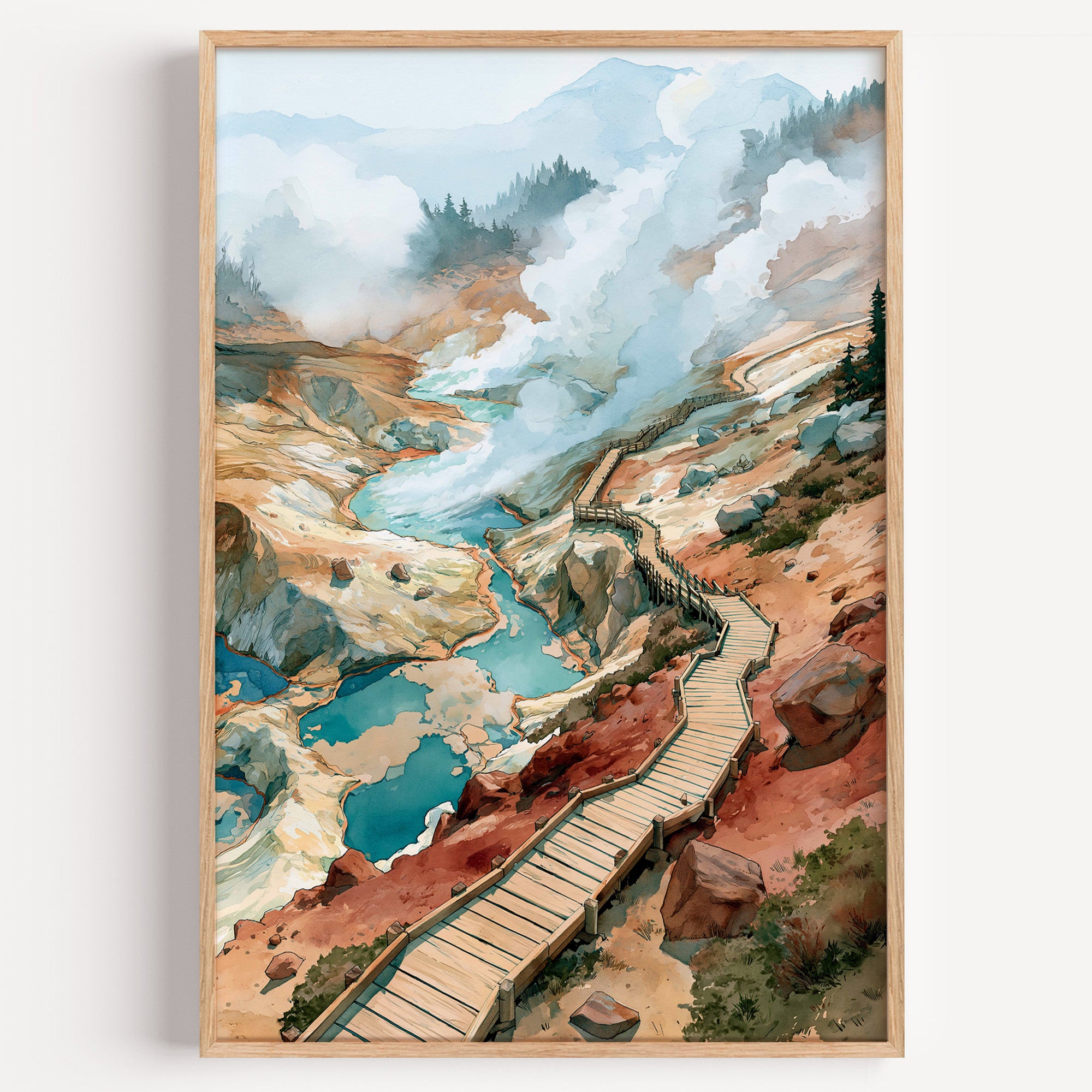 Lassen Volcanic National Park watercolor art print: boardwalk through steaming vents and blue pools at Bumpass Hell