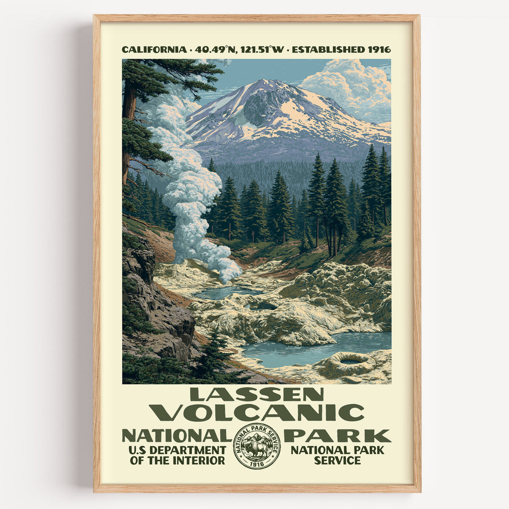 Lassen Volcanic National Park vintage WPA poster in a wood frame, steam venting below Lassen Peak