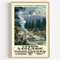 Lassen Volcanic National Park vintage WPA poster in a wood frame, steam venting below Lassen Peak