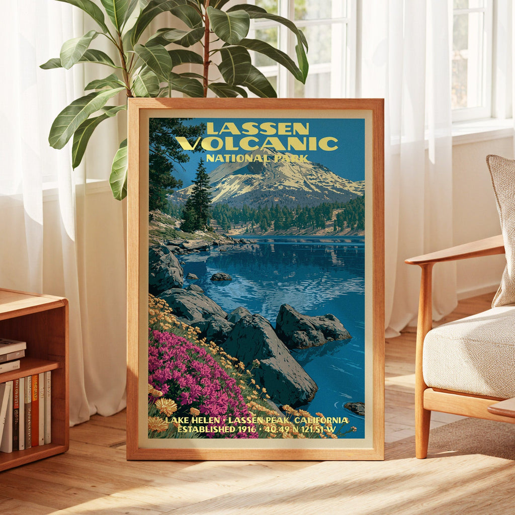 Lassen Volcanic vintage poster in oak, leaning by a sunlit window with sheer curtains and a low bookshelf