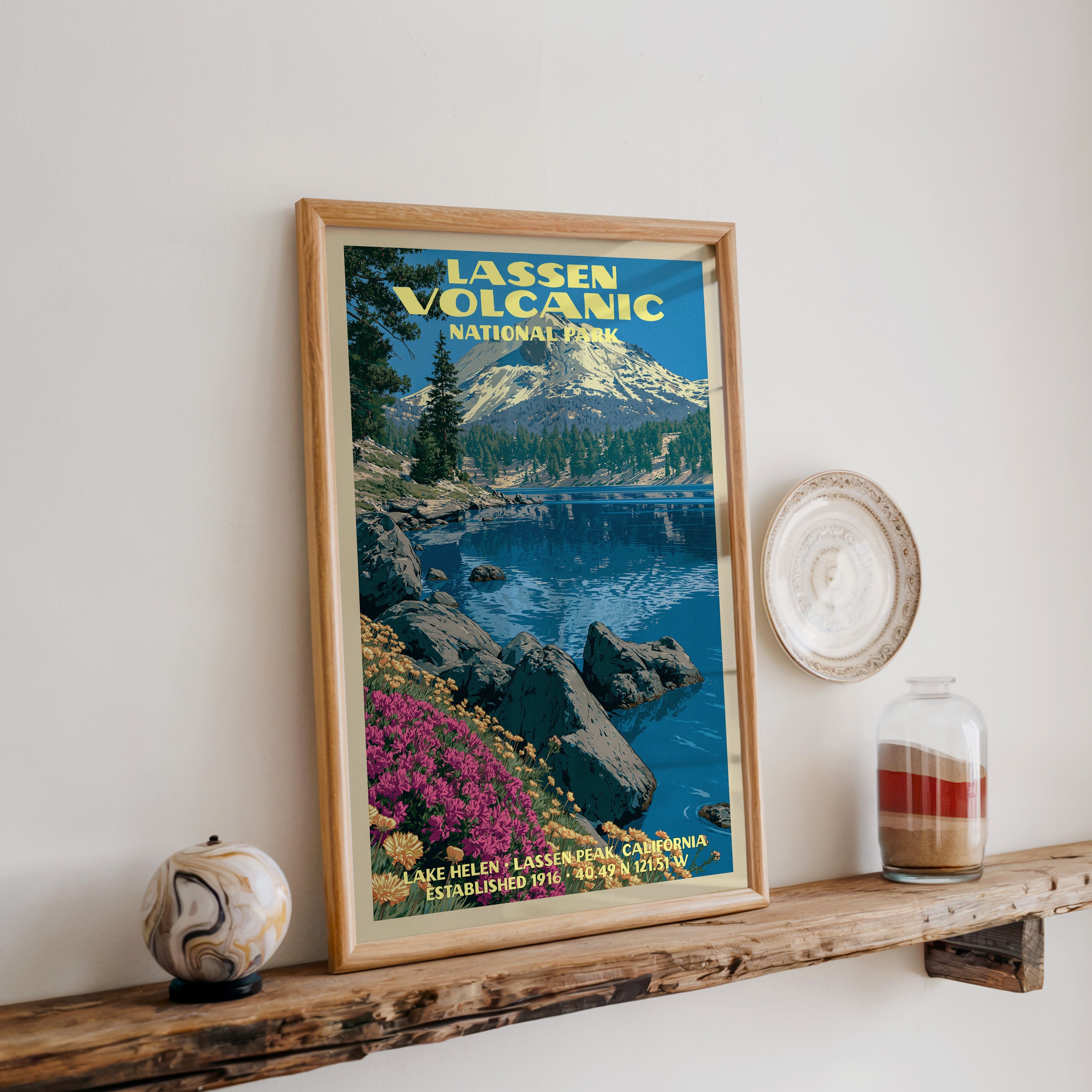Lassen Volcanic Lake Helen print in oak, leaning on a reclaimed wood ledge with a marbled sphere and sand jar