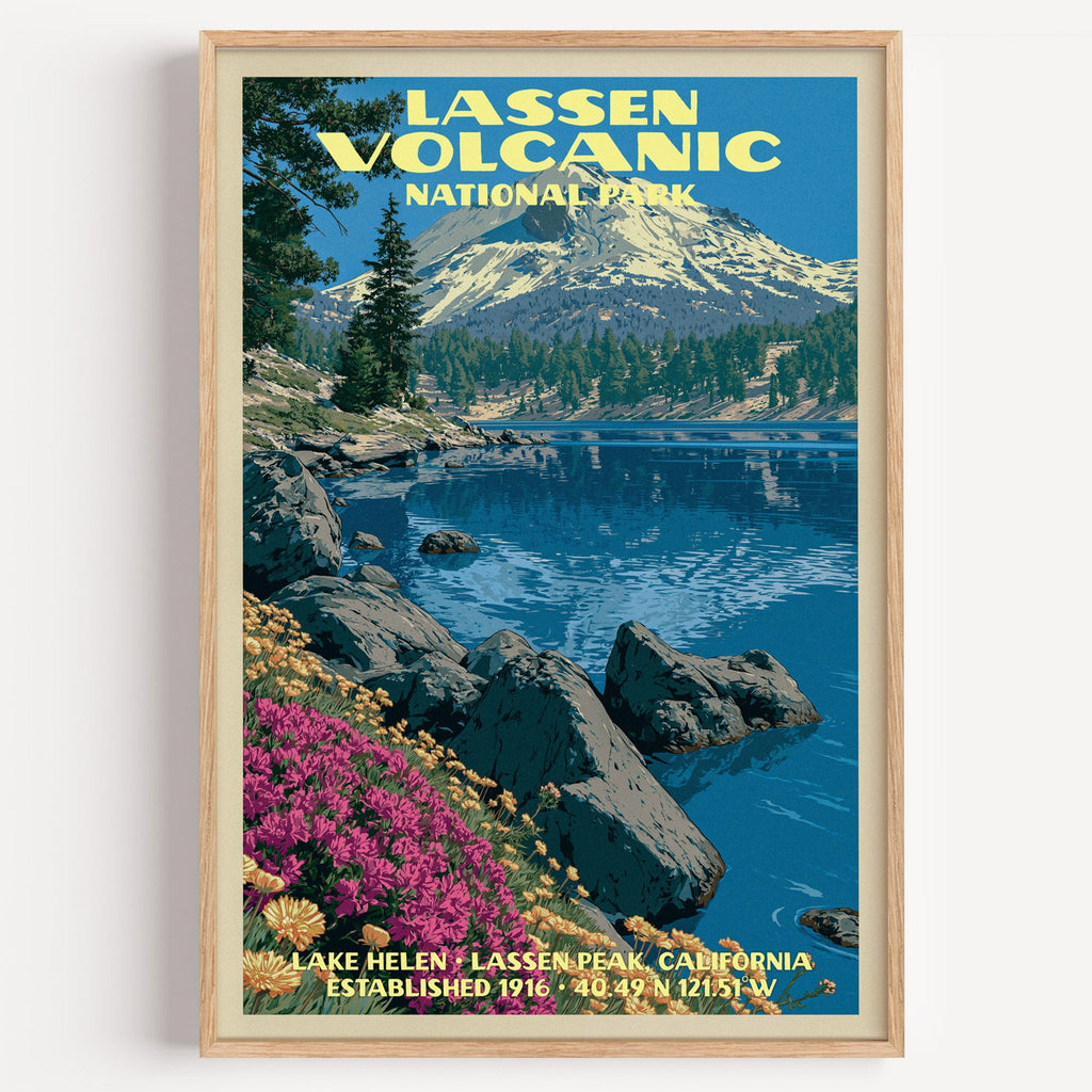Lake Helen Lassen Volcanic National Park vintage poster in a light oak frame on a plain white wall
