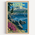 Lake Helen Lassen Volcanic National Park vintage poster in a light oak frame on a plain white wall