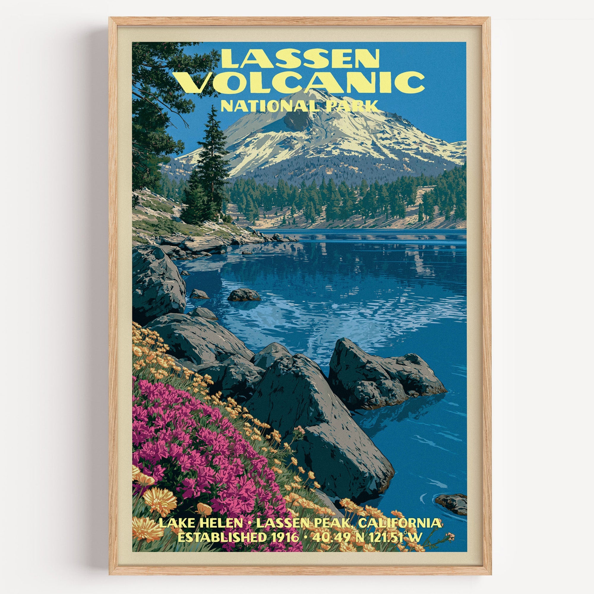 Lake Helen Lassen Volcanic National Park vintage poster in a light oak frame on a plain white wall