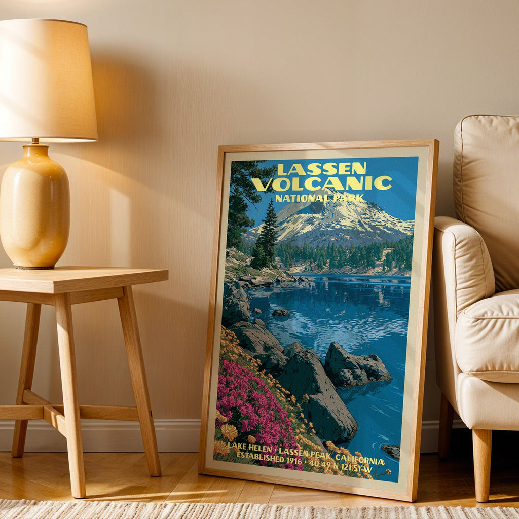 Lake Helen Lassen Volcanic wall art in oak, leaning by an armchair and a side table with an ochre lamp