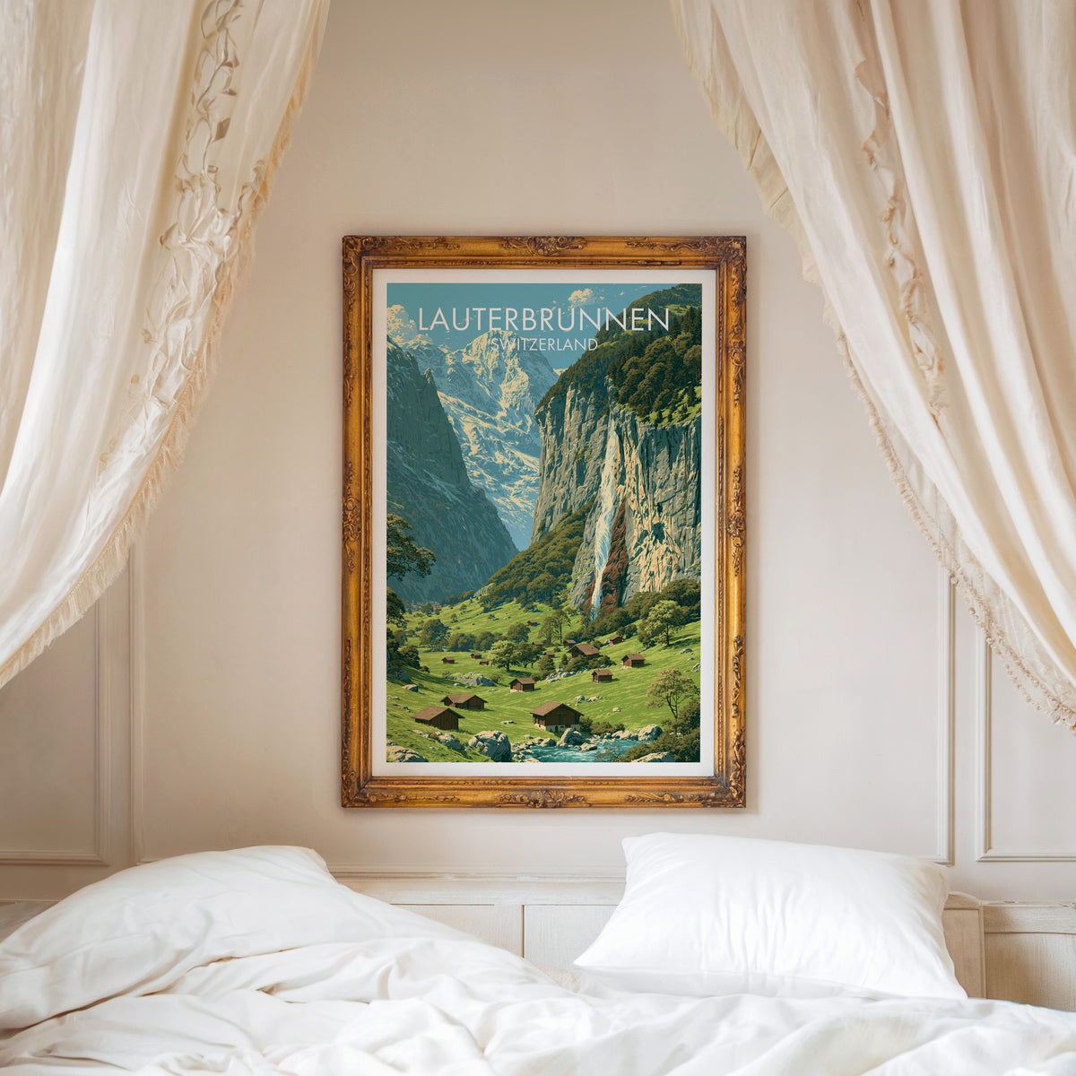 Lauterbrunnen travel poster, ornate gold frame above a white bed with linen canopy curtains