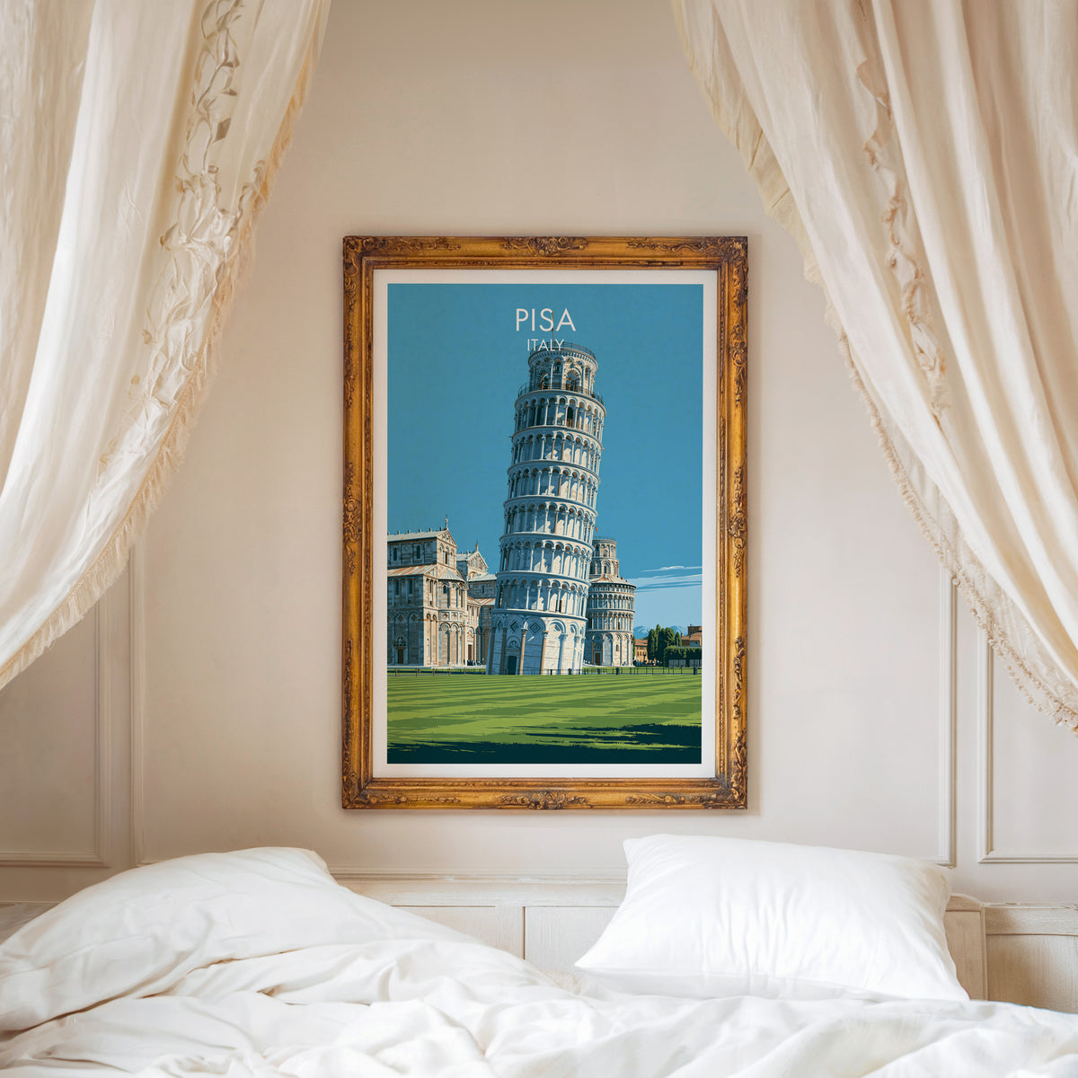 Leaning Tower of Pisa poster, ornate gold frame above a white bed with linen canopy curtains