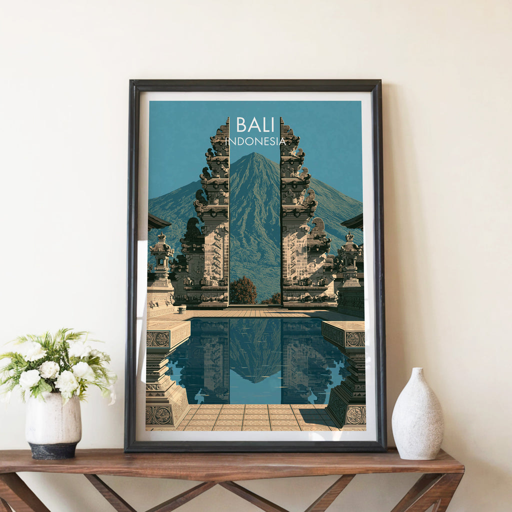 Lempuyang Temple Bali Indonesia travel poster in a black frame on a wooden console table with white flowers