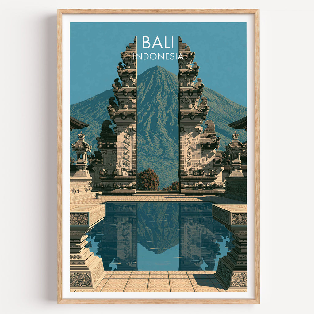 Lempuyang Temple Bali Indonesia travel poster in a natural wood frame, shown against a clean white wall