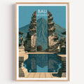 Lempuyang Temple Bali Indonesia travel poster in a natural wood frame, shown against a clean white wall