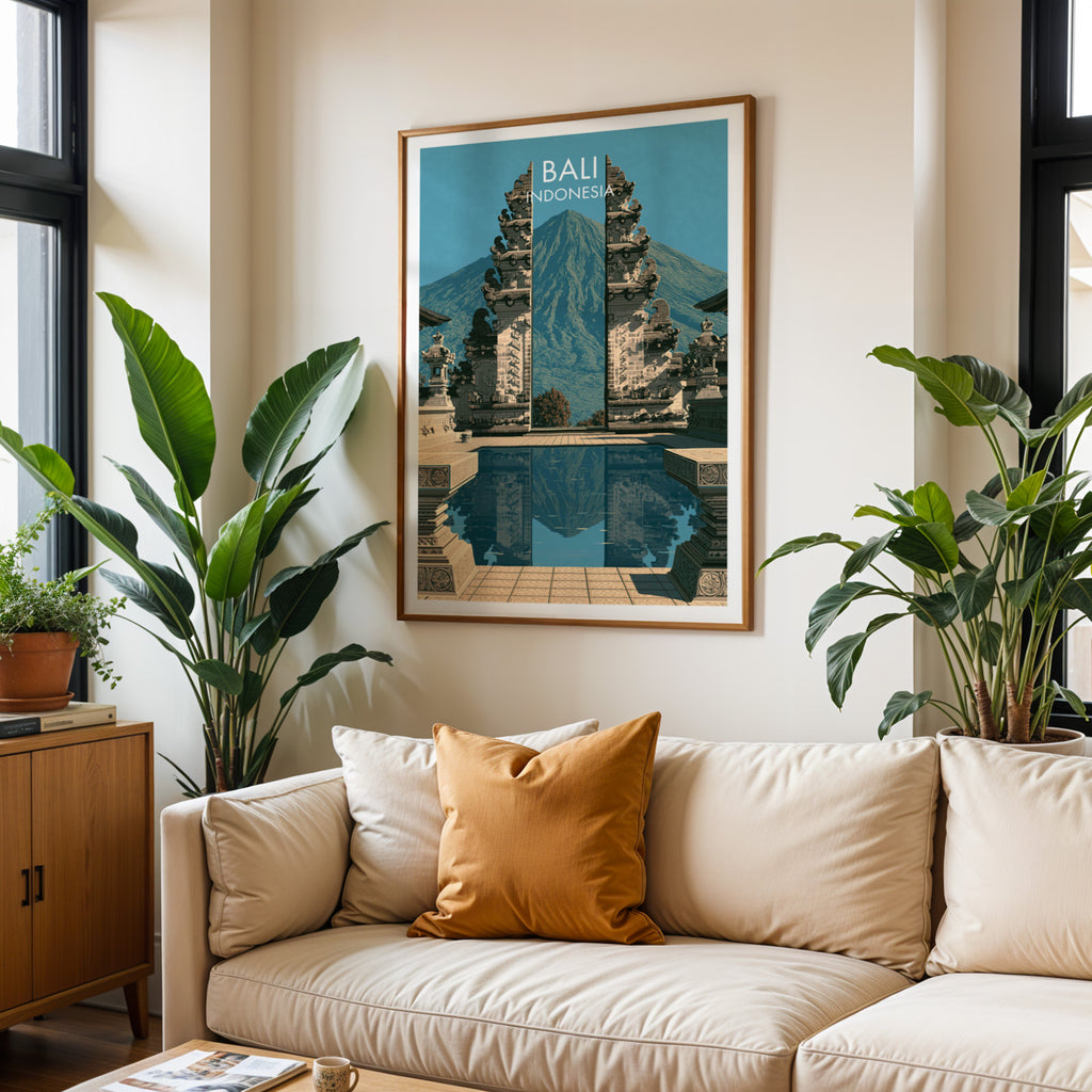 Framed Lempuyang Temple Bali Indonesia wall art hanging above a cream sofa in a bright living room with tropical plants