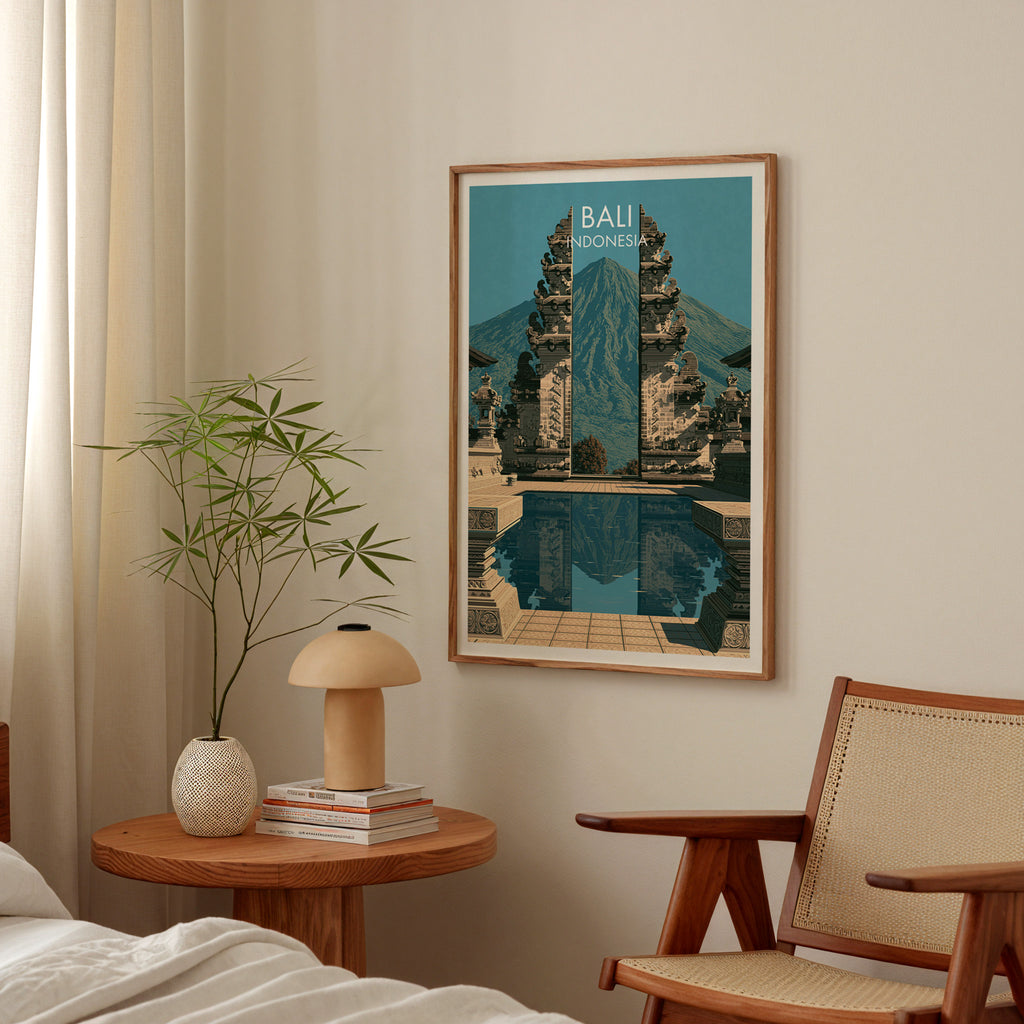 Lempuyang Temple Bali Indonesia poster above a bedroom nightstand with a bamboo plant and mushroom lamp