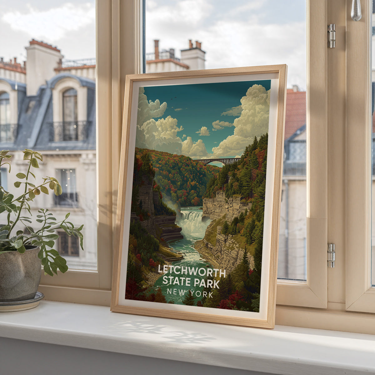 Letchworth illustrated poster on a window ledge above Parisian mansard roofs and a small plant