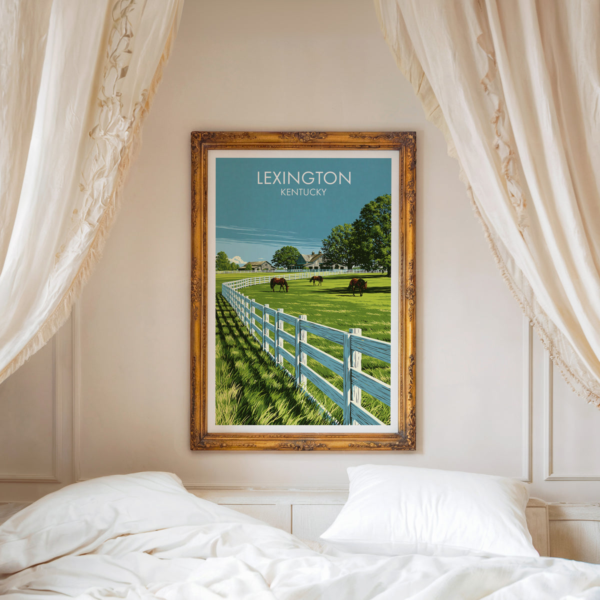Kentucky horse pasture canvas print in a carved gold frame above a white bed with a linen canopy