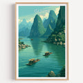 Li River Guilin China travel poster in a natural wood frame, shown against a clean white wall