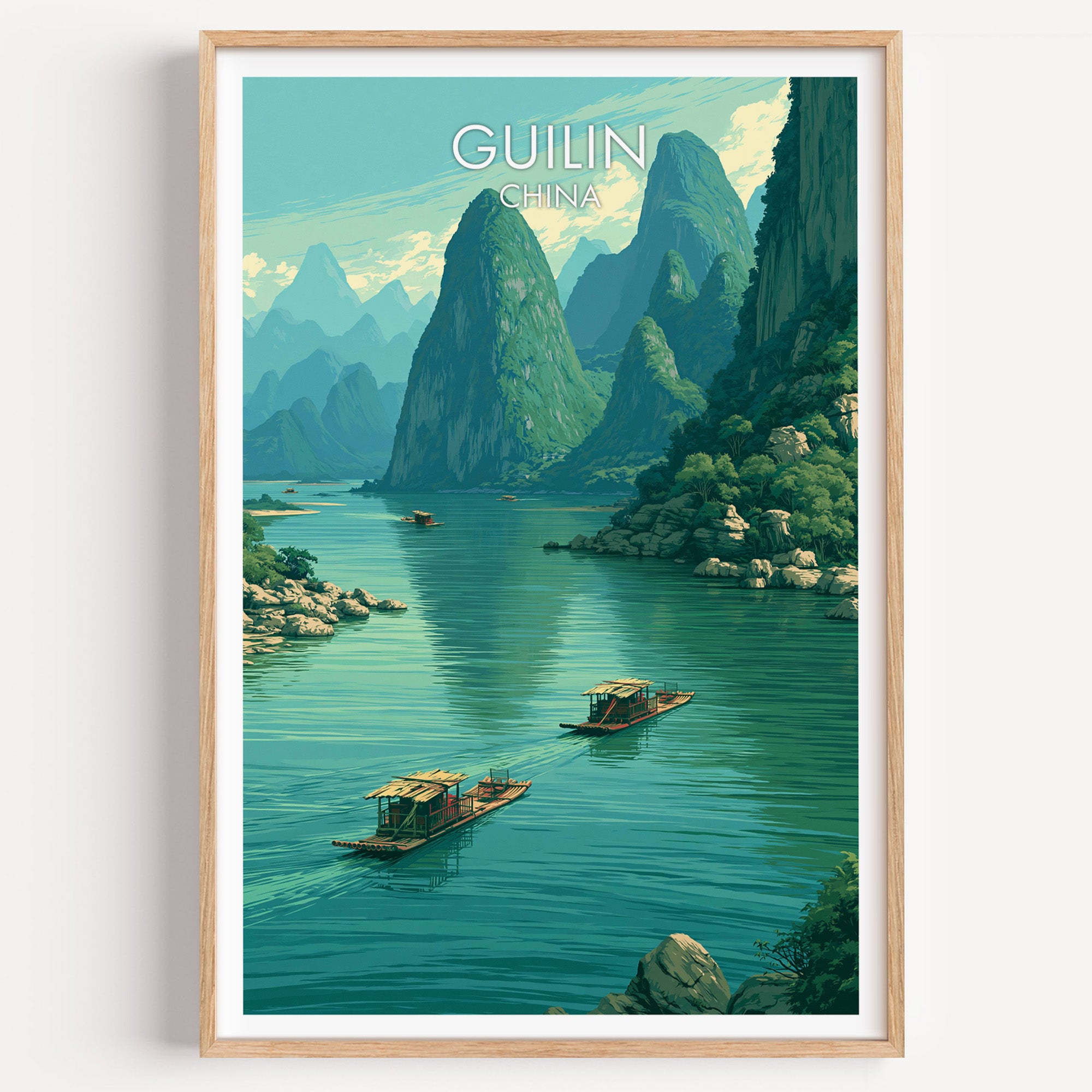 Li River Guilin China travel poster in a natural wood frame, shown against a clean white wall
