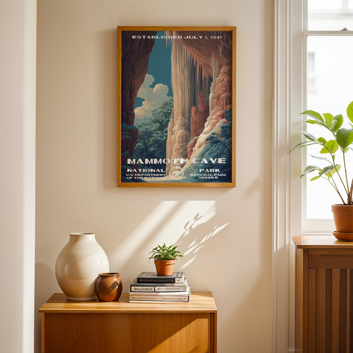 Mammoth Cave National Park vintage travel print framed above a wooden dresser near a window
