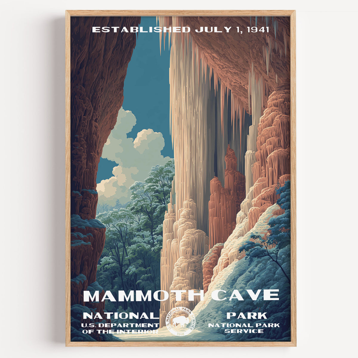 Mammoth Cave National Park vintage travel poster in a wood frame, vast fluted columns and flowstone filling the cavern