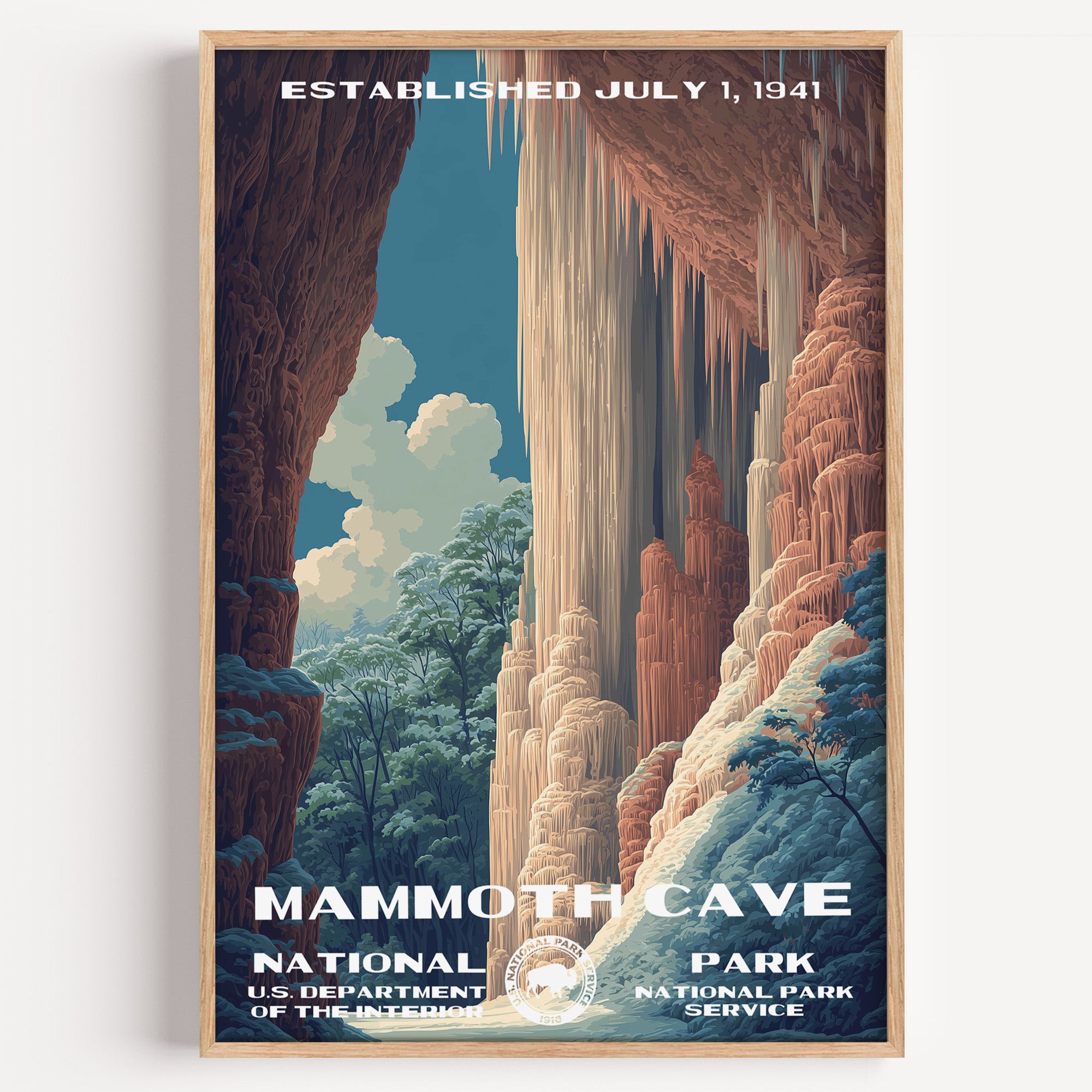 Mammoth Cave National Park vintage travel poster in a wood frame, vast fluted columns and flowstone filling the cavern