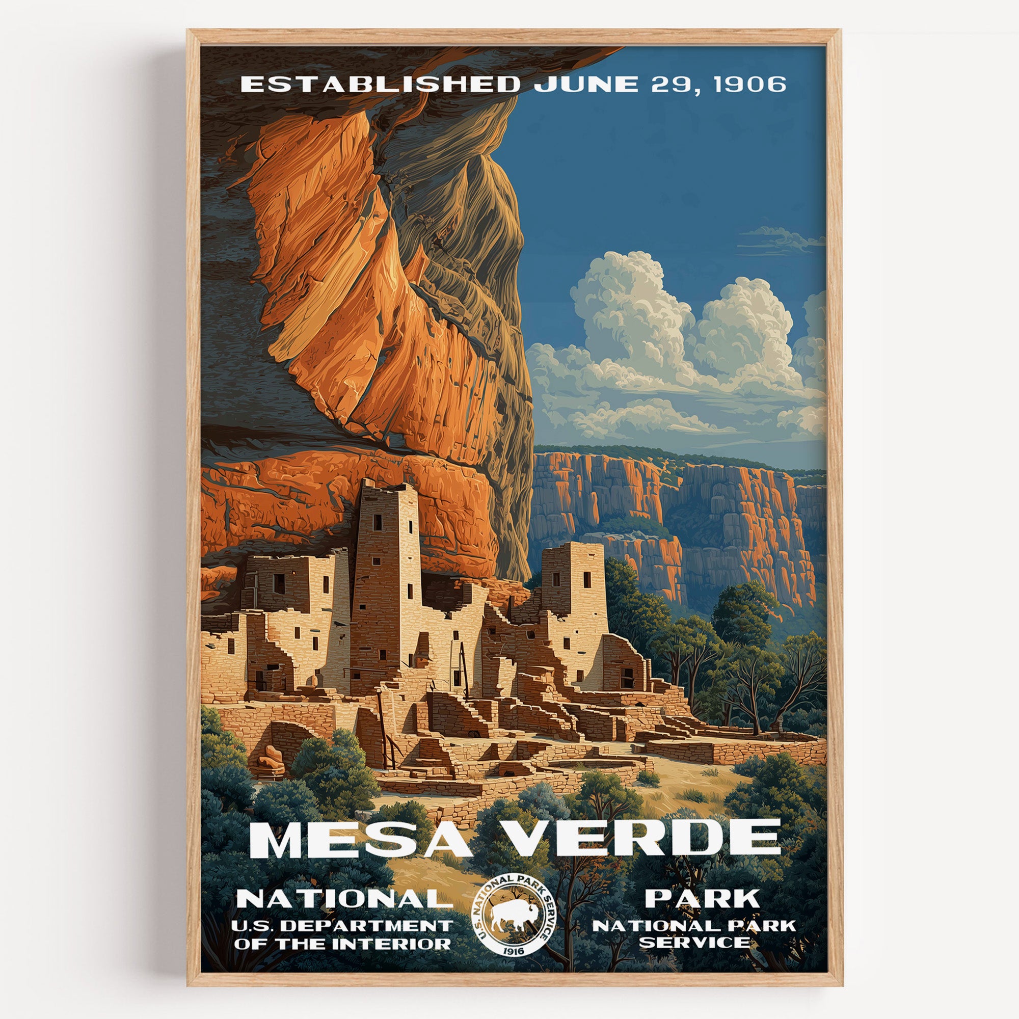 Mesa Verde National Park vintage travel poster in a wood frame, the cliff dwellings tucked under a huge sandstone overhang
