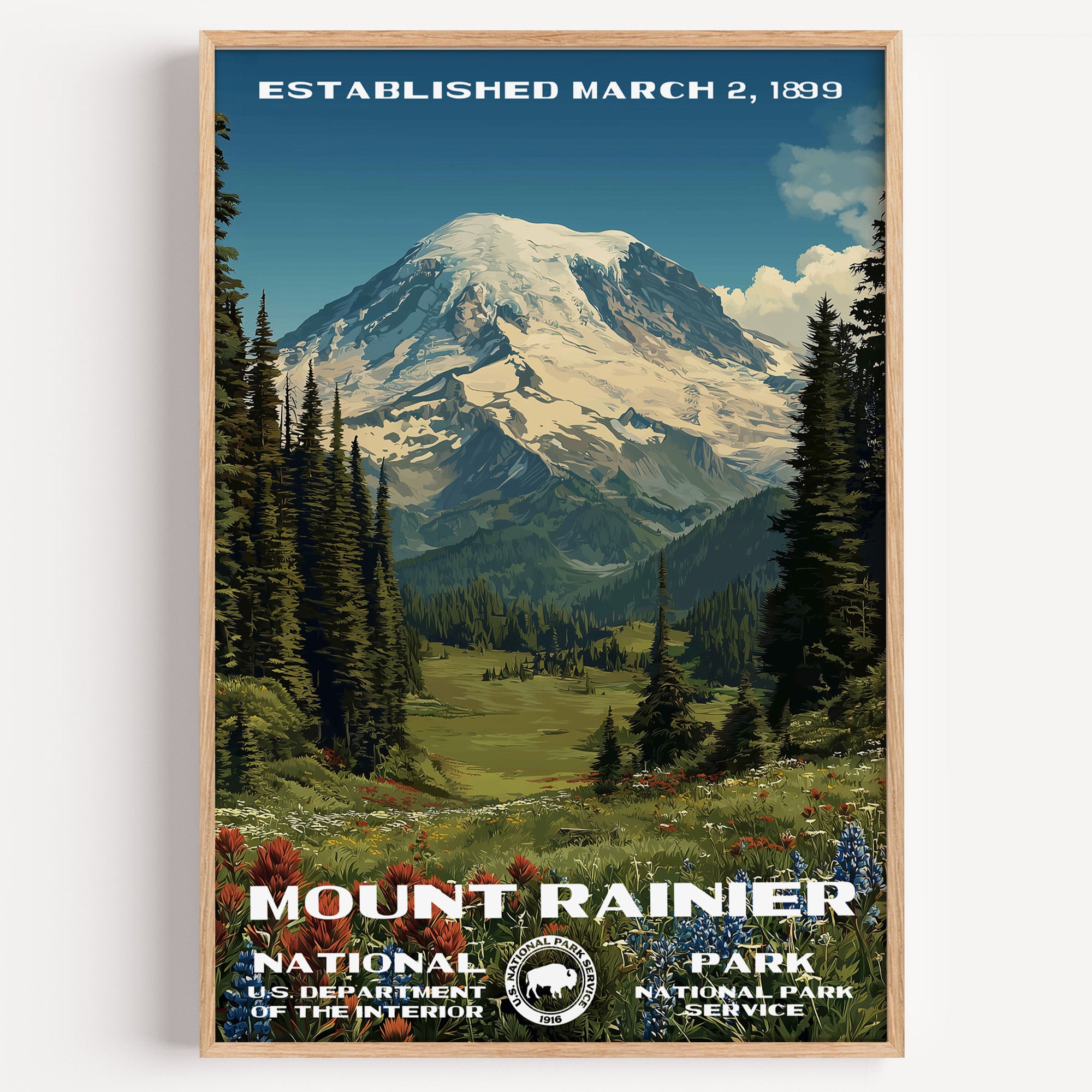 Mount Rainier National Park vintage travel poster in a wood frame, the glaciated peak above a green meadow and dark firs