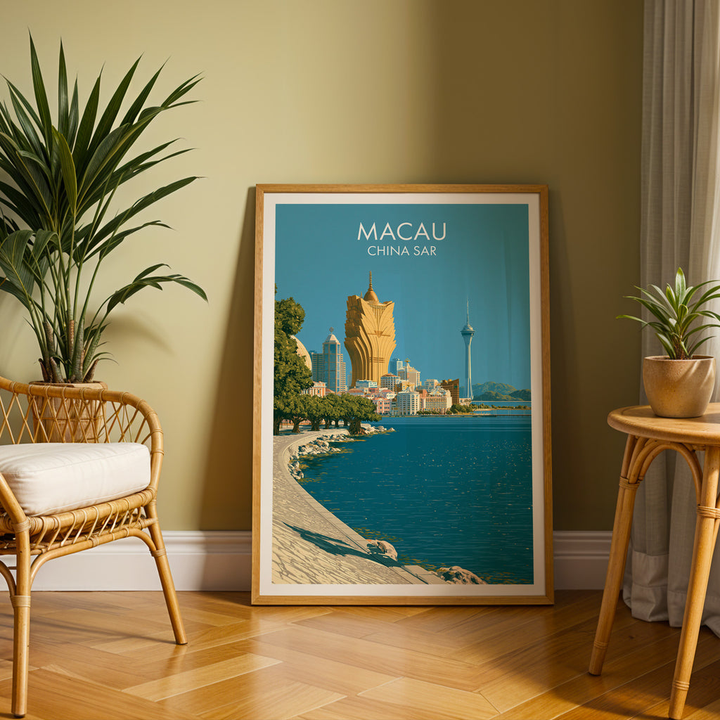 Large Macau China travel print in an oak frame leaning on a herringbone floor next to a rattan chair