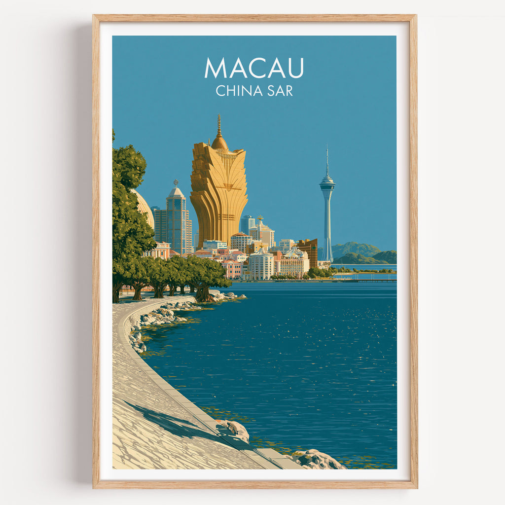 Macau China travel poster in a natural wood frame, shown against a clean white wall