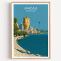 Macau China travel poster in a natural wood frame, shown against a clean white wall