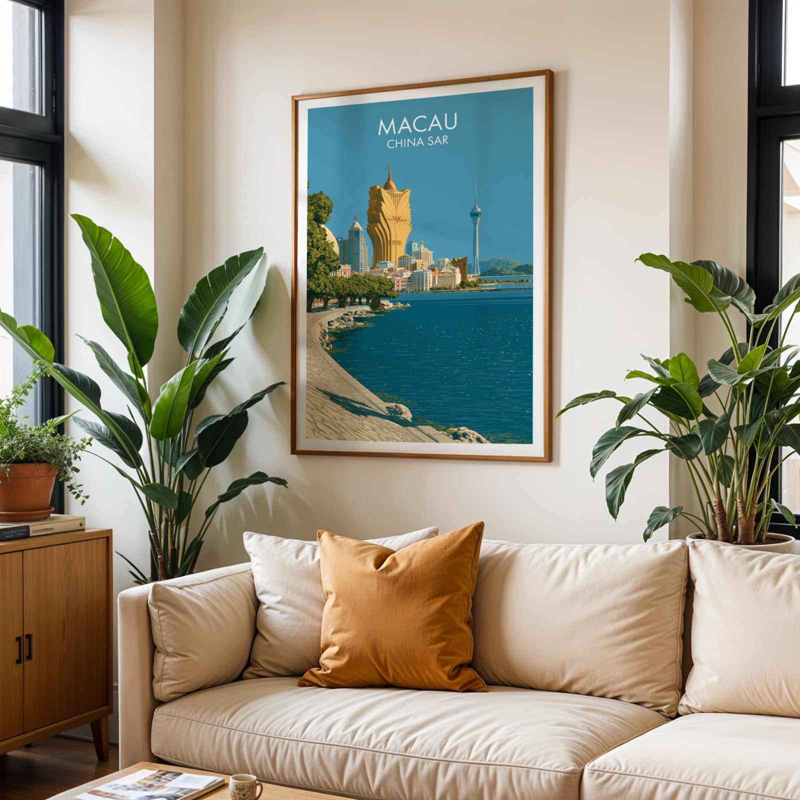 Framed Macau China wall art hanging above a cream sofa in a bright living room with tropical plants