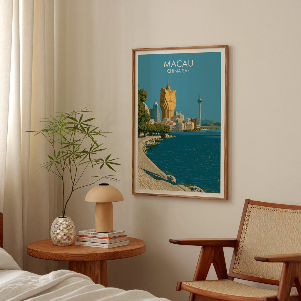 Macau China poster above a bedroom nightstand with a bamboo plant and mushroom lamp