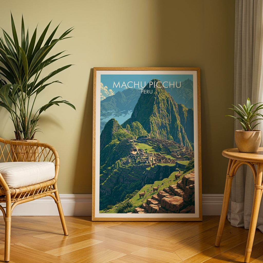 Peru travel print in an oak frame on a herringbone floor by an olive wall, rattan chair and tall palm