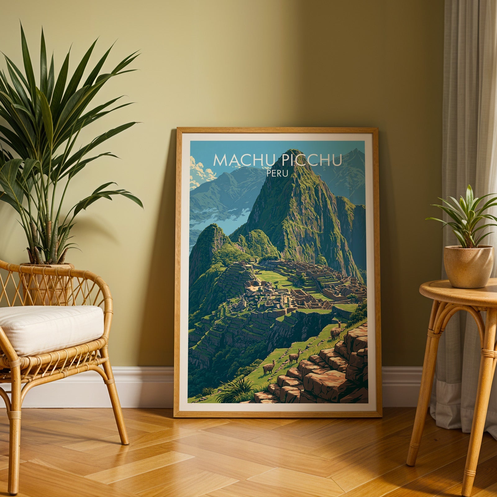 Peru travel print in an oak frame on a herringbone floor by an olive wall, rattan chair and tall palm