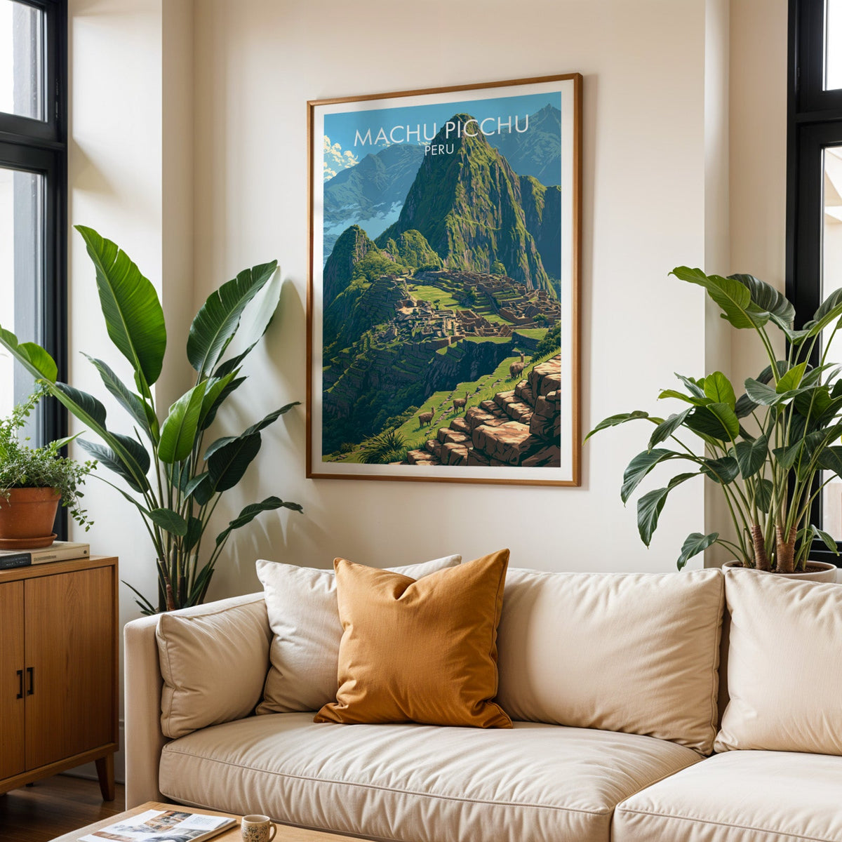 Machu Picchu ruins print in an oak frame above a cream sofa with a rust cushion and two tropical plants